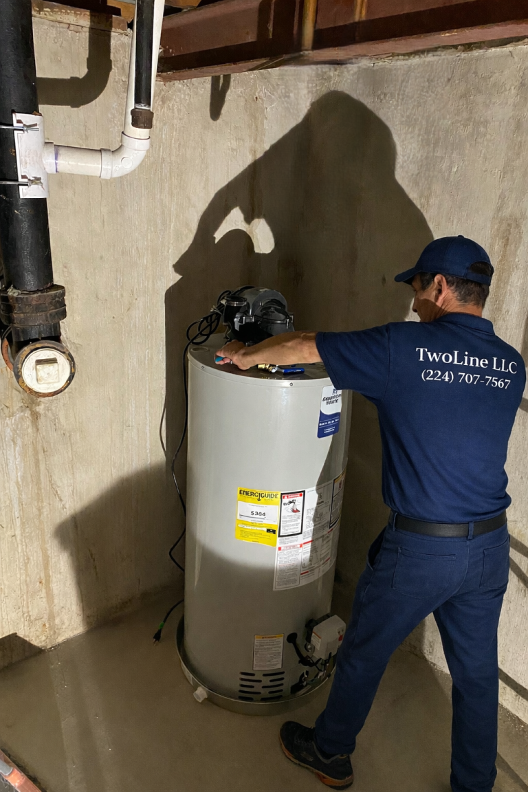 TwoLine LLC plumber working on a water heater