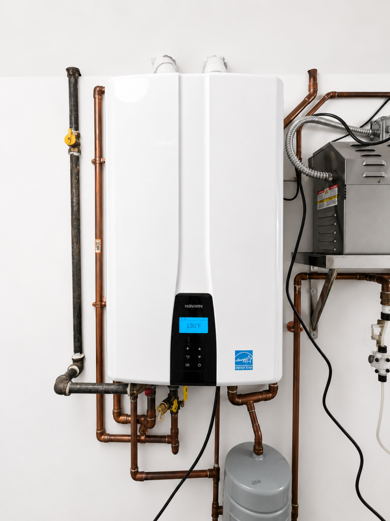 Wall-mounted tankless water heater installed by TwoLine LLC